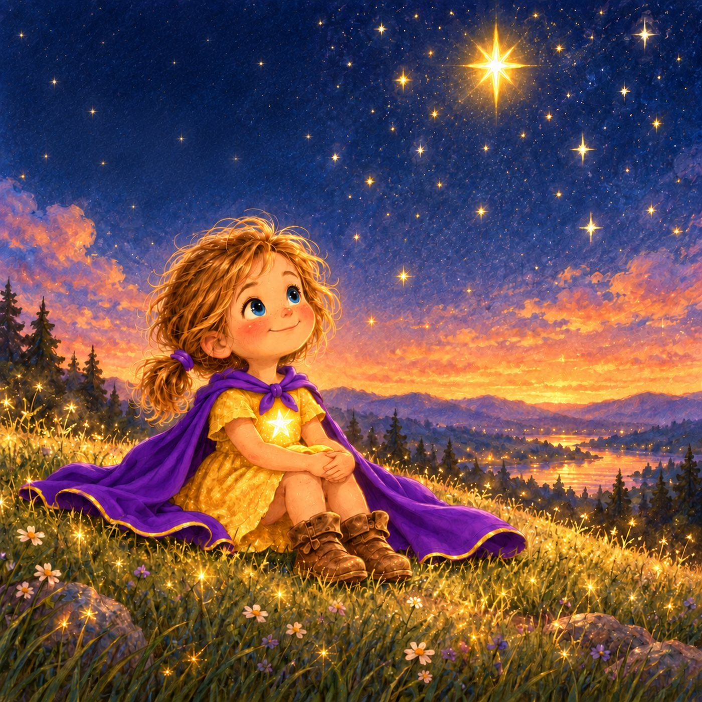 A little girl in a yellow dress and violet cape sits on a grassy hill at dusk, looking up at a bright star.