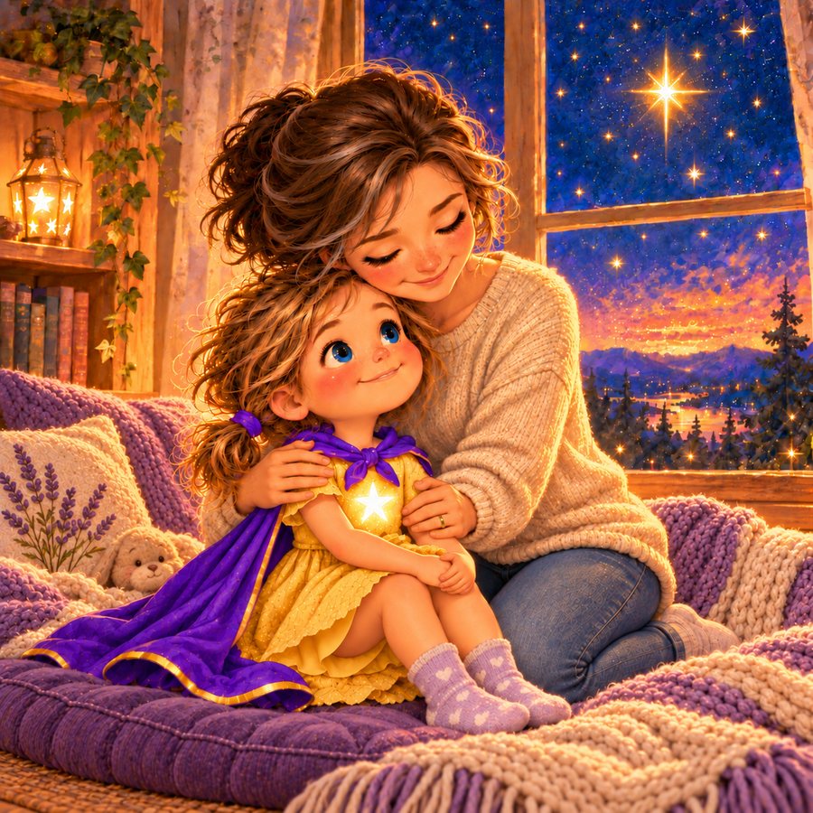 A mother hugs her little girl by a window full of stars.