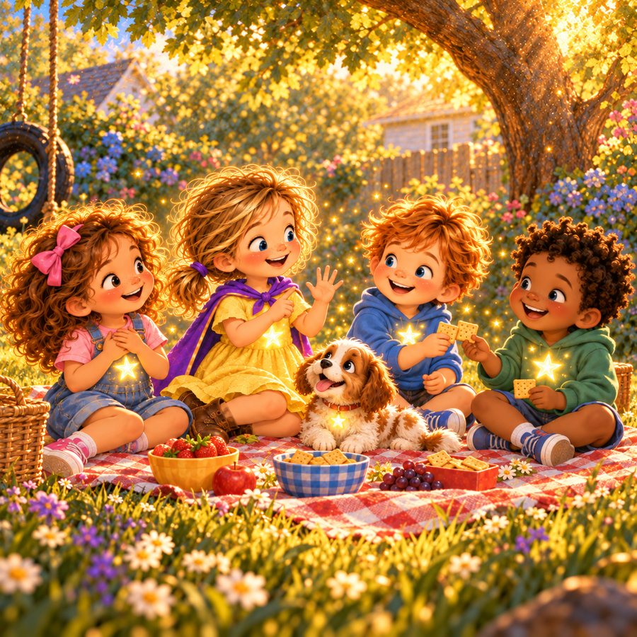 Four friends and a puppy share snacks on a picnic blanket at golden hour.