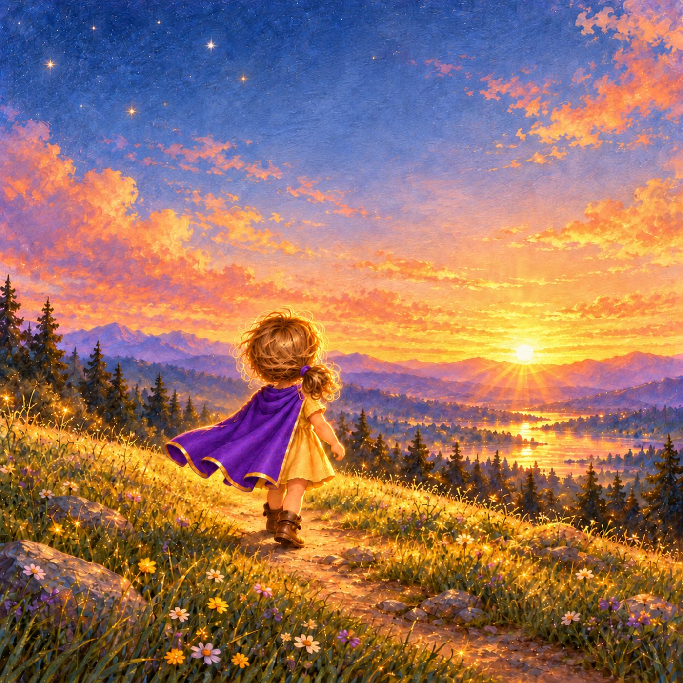 The little girl in her violet cape walks down a hillside path toward the sunrise.